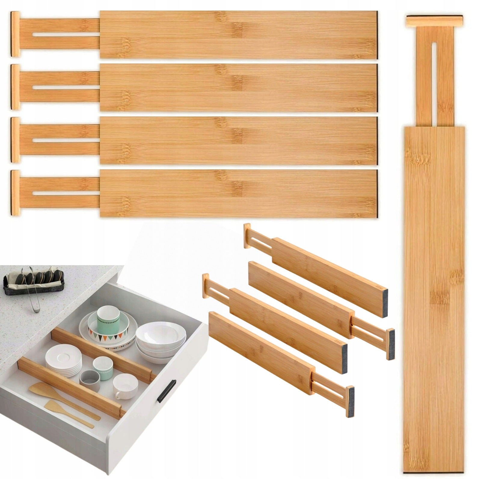 DRAWER DIVIDERS ORGANIZERS 4 PIECES BAMBOO COMPARTMENTS SEPARATORS