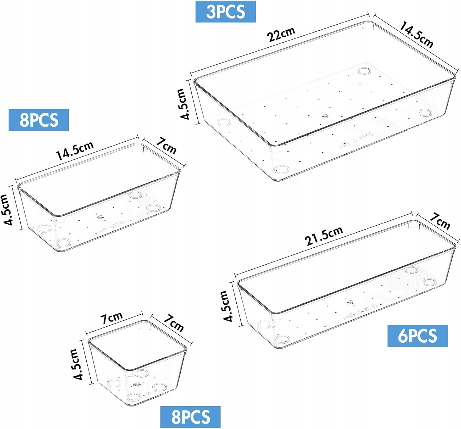 DRAWER ORGANIZERS FOR COSMETICS TRANSPARENT SET OF 25 PIECES Manufacturer code ORGANIZERY DO SZUFLADY NA PRZYBORY KOSMETYKI