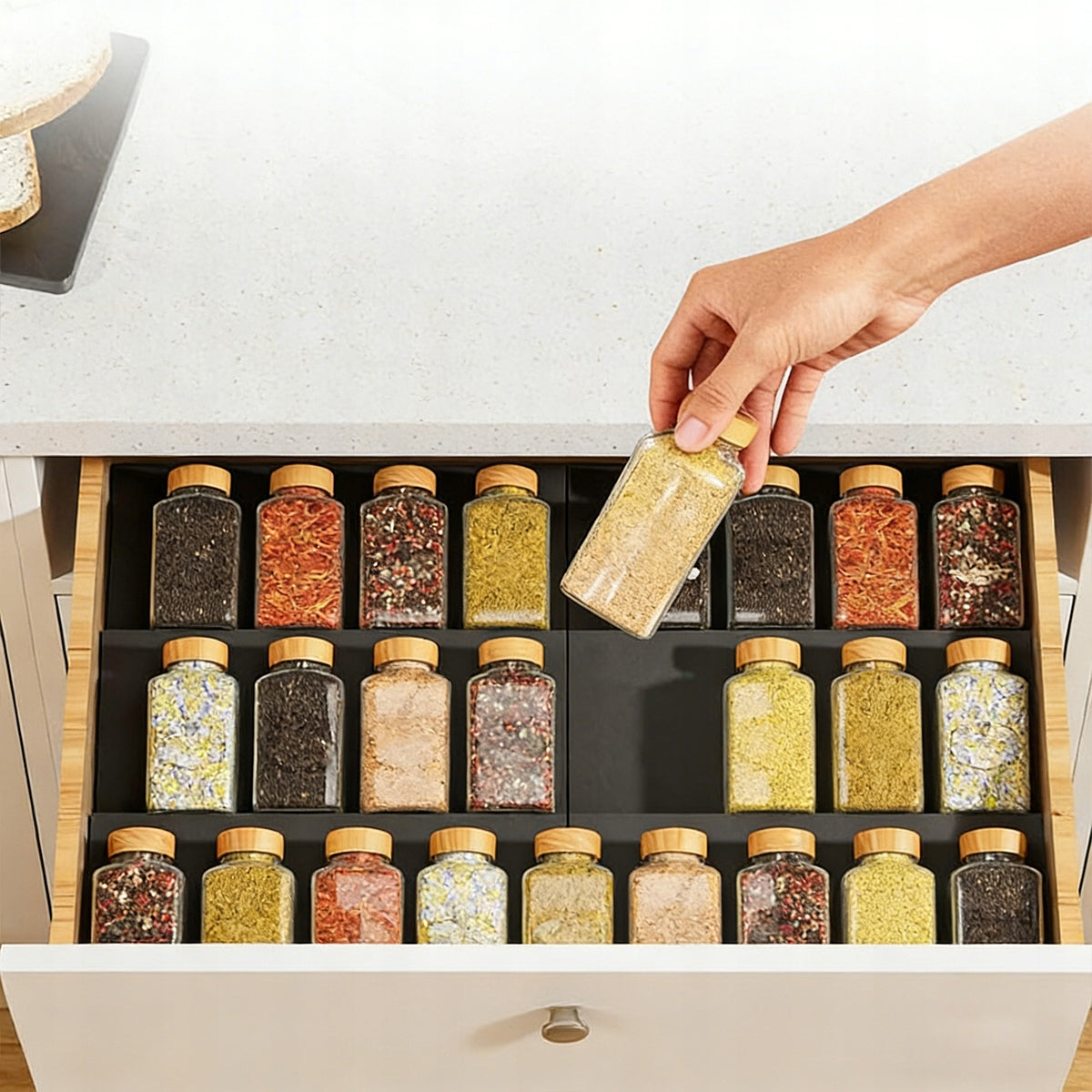 DRAWER SPICE ORGANIZER RACK JAR REFILL WITH 6X LABELS Packaging status original