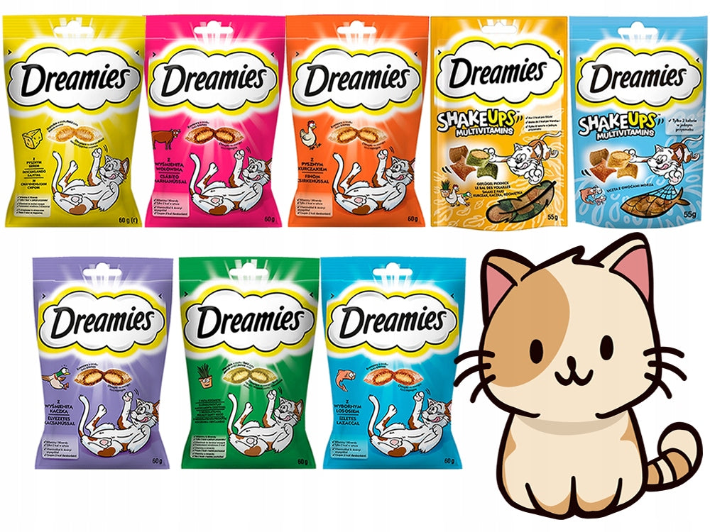DREAMIES Box cat treats MEGA TRIAL PACK 8 PCS 8 FLAVORS MIX