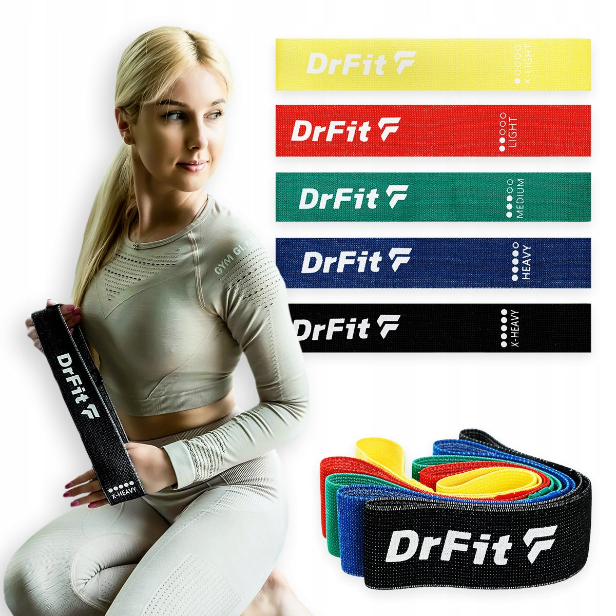 DRFIT FLEX HIP BAND SET OF 5 RESISTANCE BANDS FOR EXERCISE GYMNASTIC TAPES
