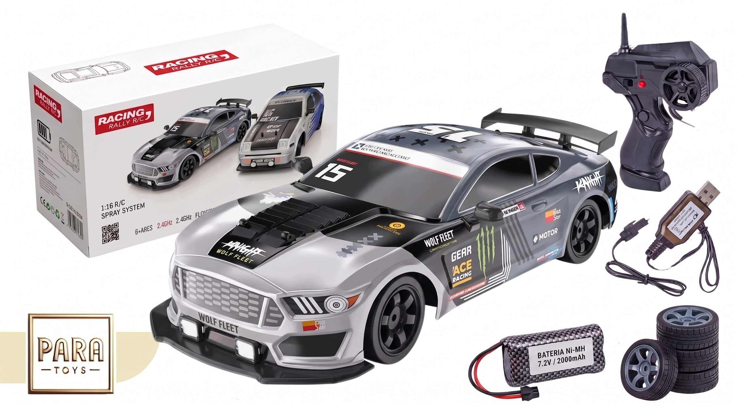 DRIFT CAR FOR REMOTE CONTROL LARGE CAR REMOTE CONTROLLED MUSTANG LED SMOKE 1:16 Packaging status original