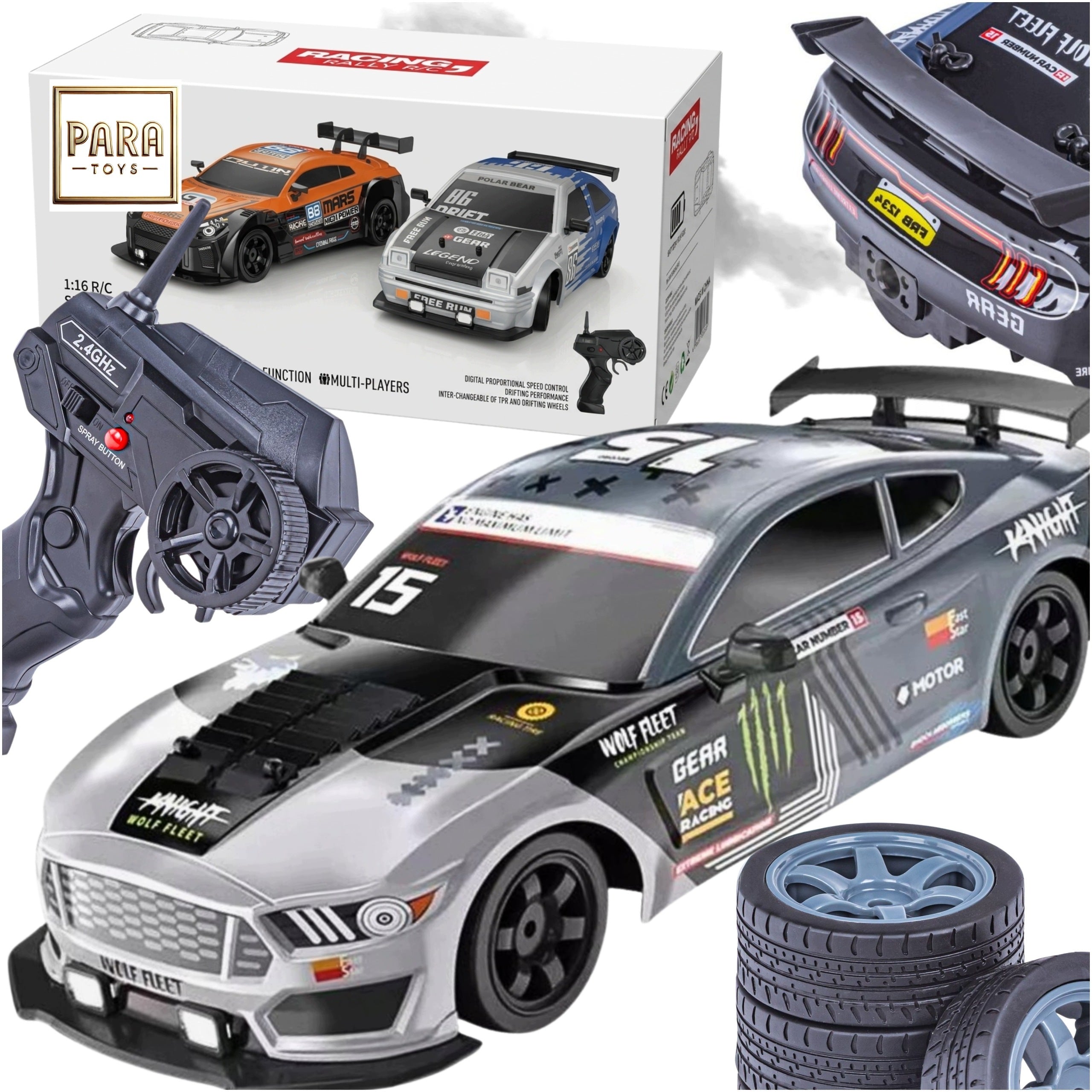 DRIFT CAR FOR REMOTE CONTROL LARGE CAR REMOTE CONTROLLED MUSTANG LED SMOKE 1:16