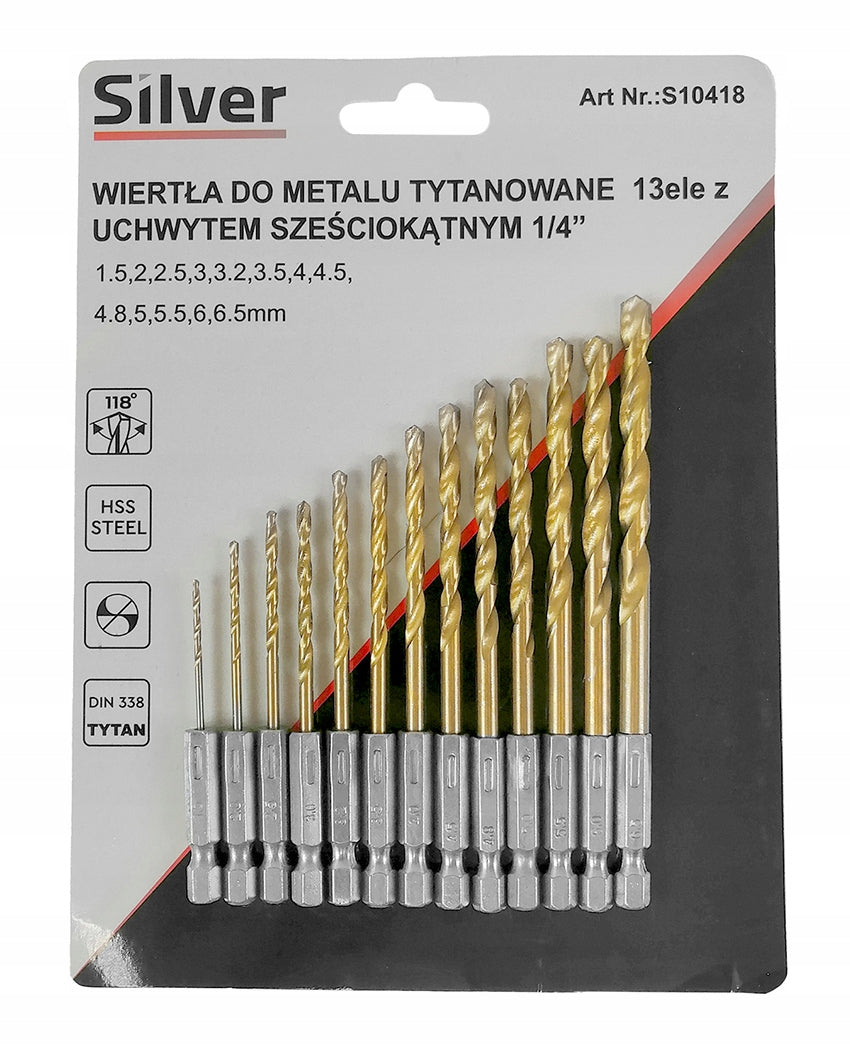 DRILL BITS FOR METAL SET 13 HEX HSS 1,5-6,5 TITANIUM Packaging status original