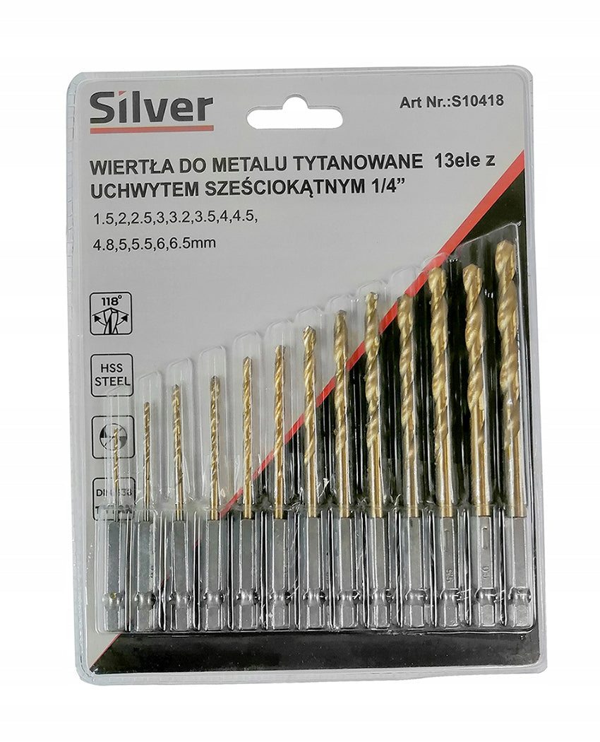 DRILL BITS FOR METAL SET 13 HEX HSS 1,5-6,5 TITANIUM