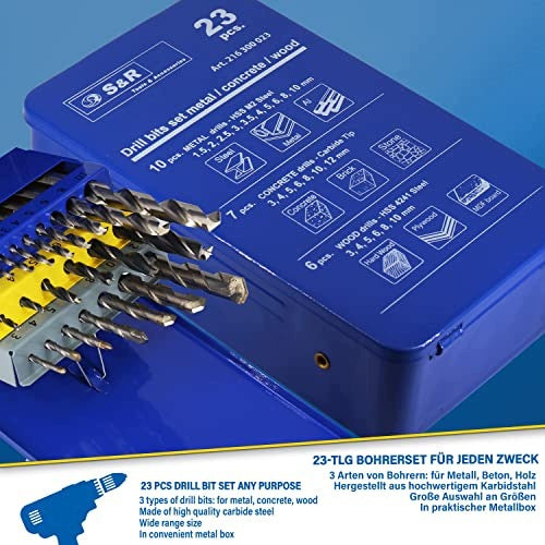 DRILL BITS SET OF 23 PCS FOR WOOD METAL CONCRETE DRILLS PROFESSIONAL Manufacturer code SWC5908151118627
