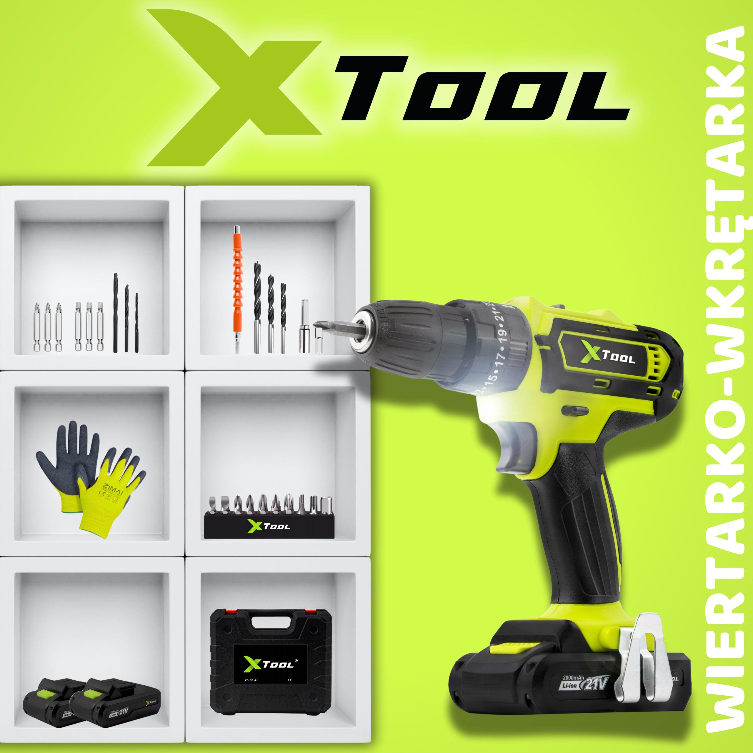 DRILL IMPACT DRIVER CORDLESS SCREWDRIVER 2xAKU 21V BITS Brand Xtool