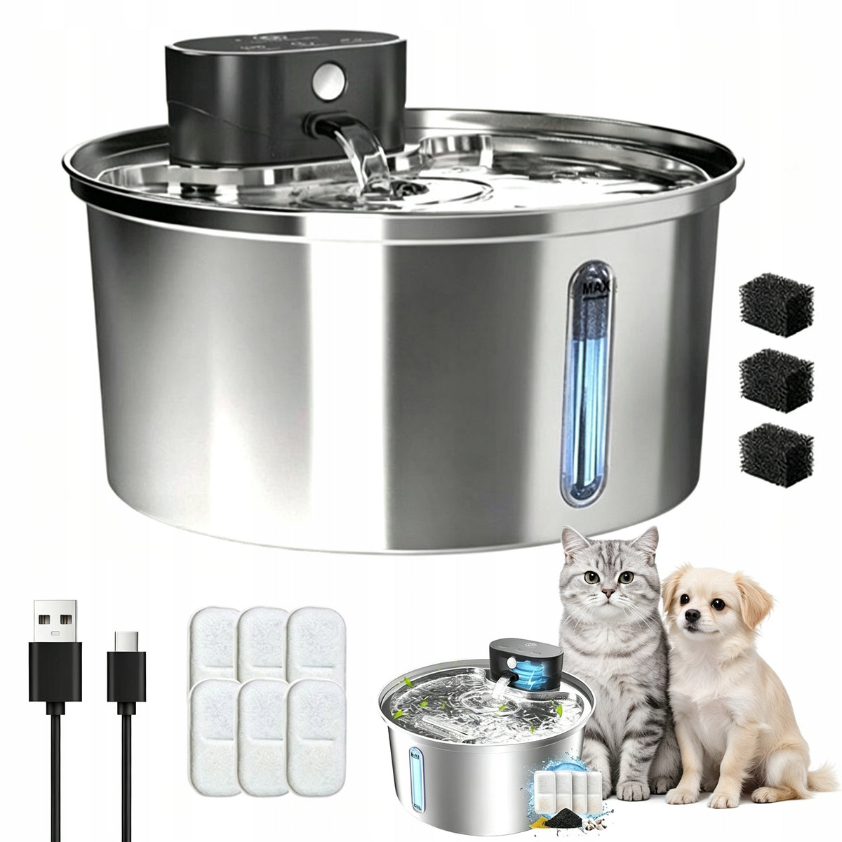 DRINKER CAT FOUNTAIN STEEL WIRELESS 3.2L 5000MAH SILVER