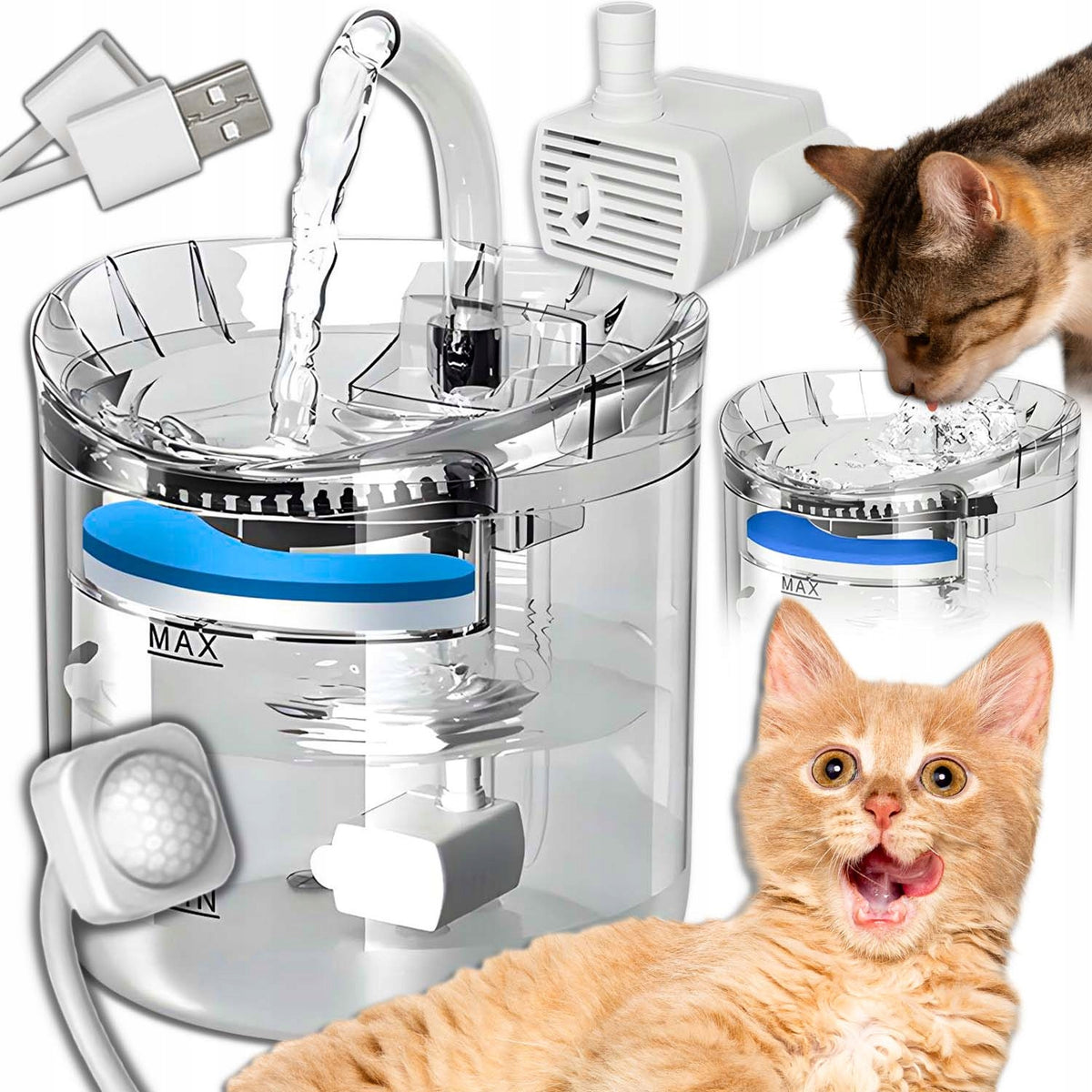 DRINKER DOG CAT FOUNTAIN 2,5L WITH FILTER AND MOTION SENSOR USB ECO