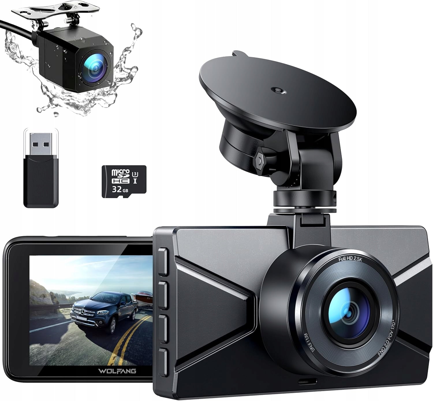 DRIVING RECORDER 2.5K CAR CAMERA FRONT + REAR 170° LCD 3" HDR NIGHT
