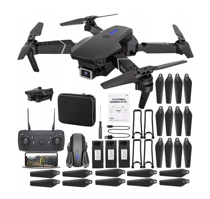 DRONE E88 GT Series BRUSHLESS MOTORS 2 CAMERAS HOVER 3 BATTERIES TOY Packaging status original