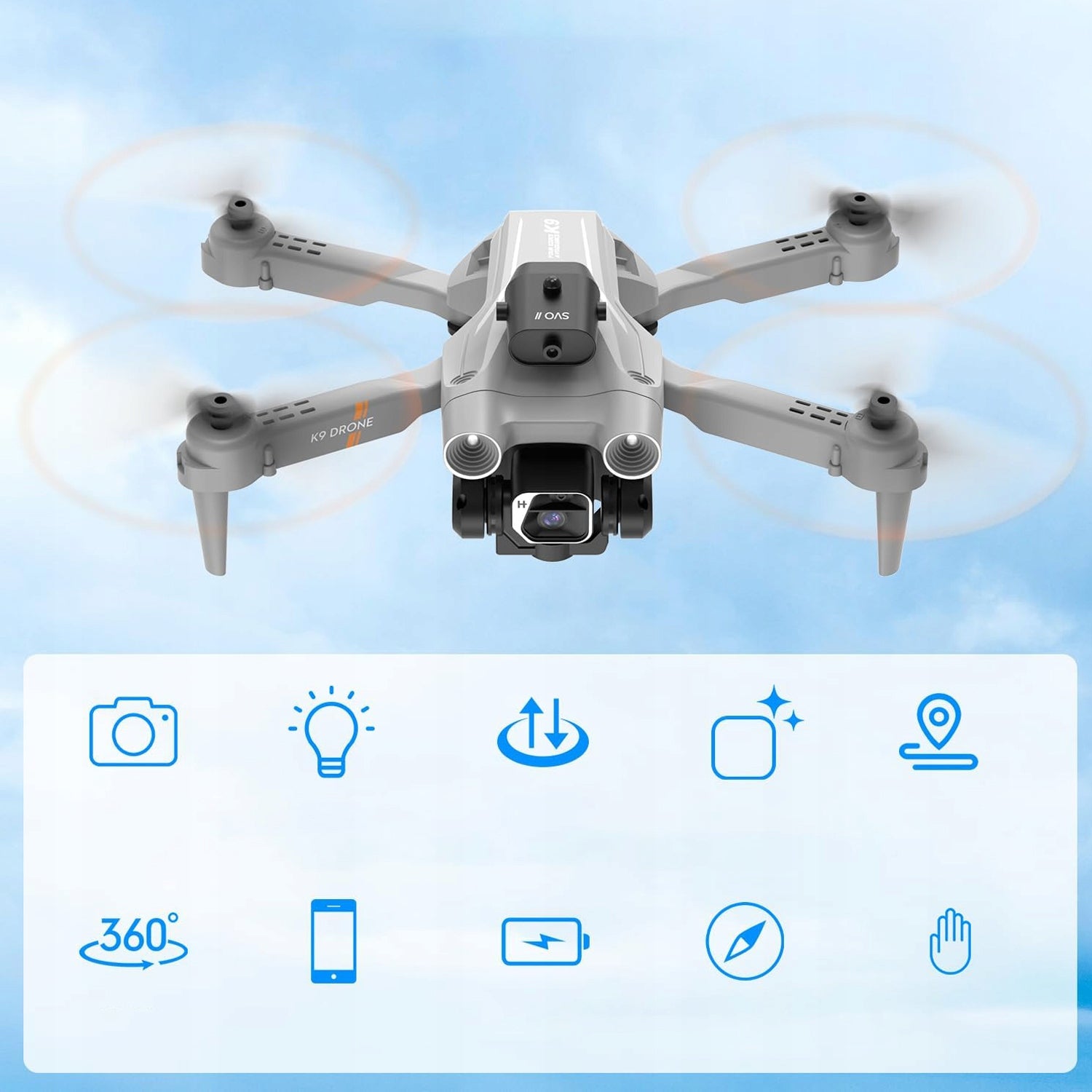 DRONE K9 4K FOLDABLE QUADROCOPTER WITH 3 BATTERIES AND OBSTACLE AVOIDANCE Packaging status original