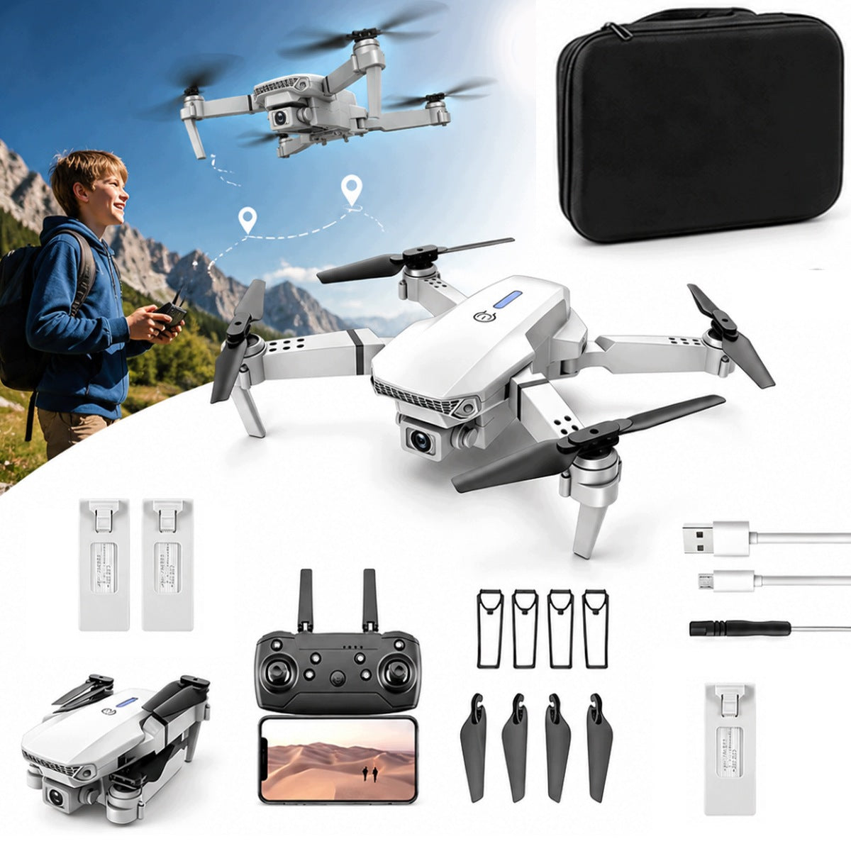DRONE Series BRUSHLESS MOTORS 2 CAMERAS HOVER 3 BATTERIES TOY