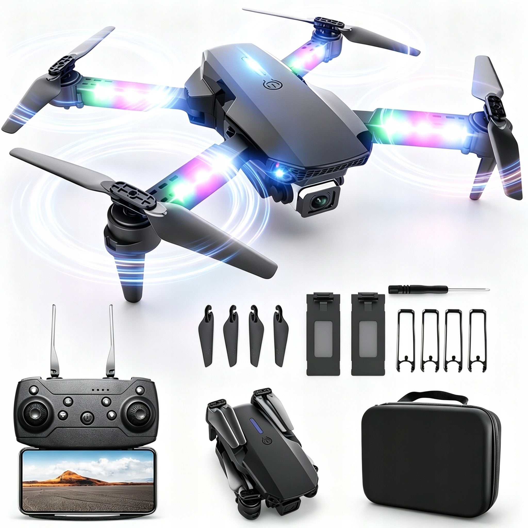 DRONE WITH CAMERA E99 FOLDABLE LED WIFI FPV DUAL CAMERA 2 BATTERIES 1800MAH