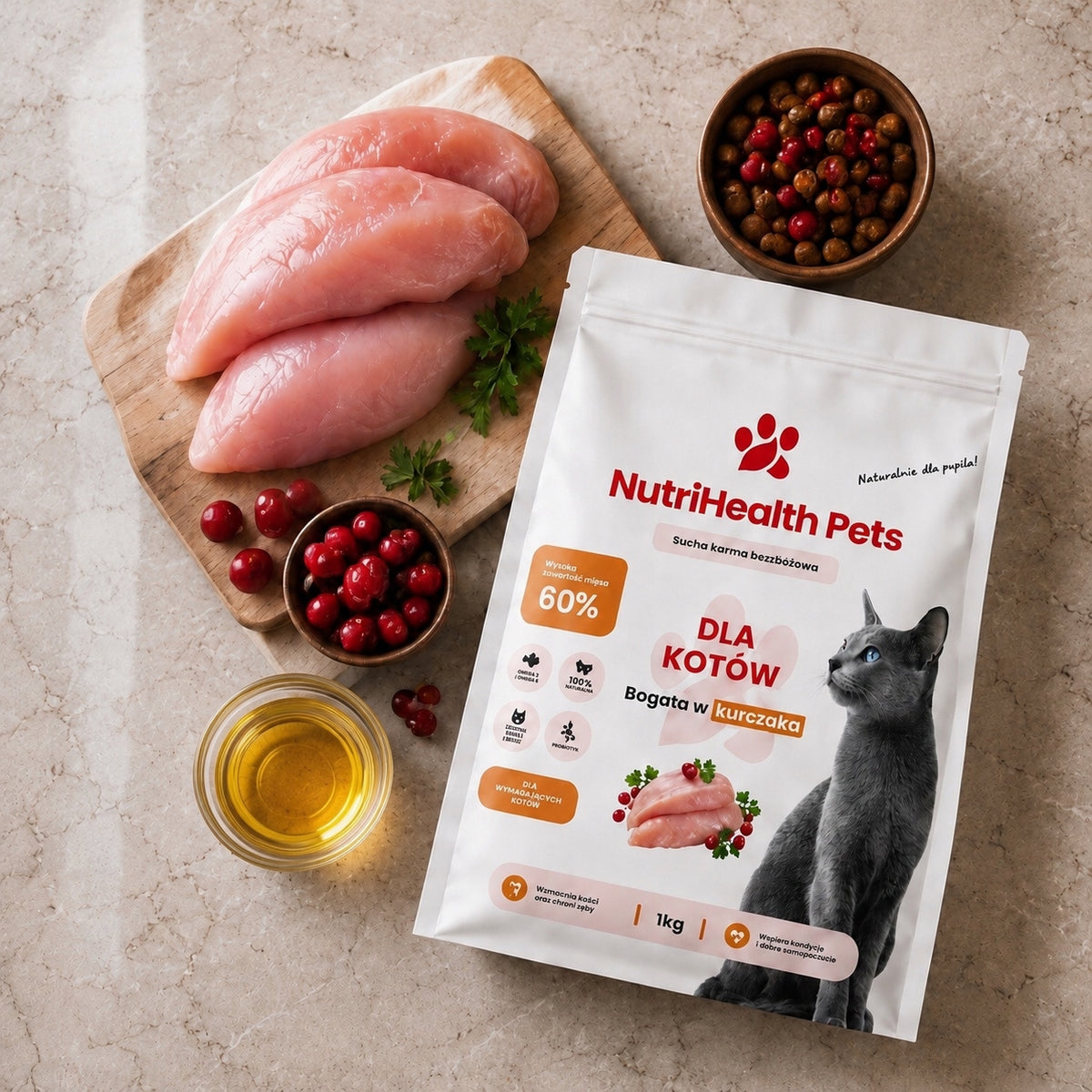 DRY CAT FOOD CHICKEN 1KG FOR PICKY CATS 60% MEAT Packaging status original