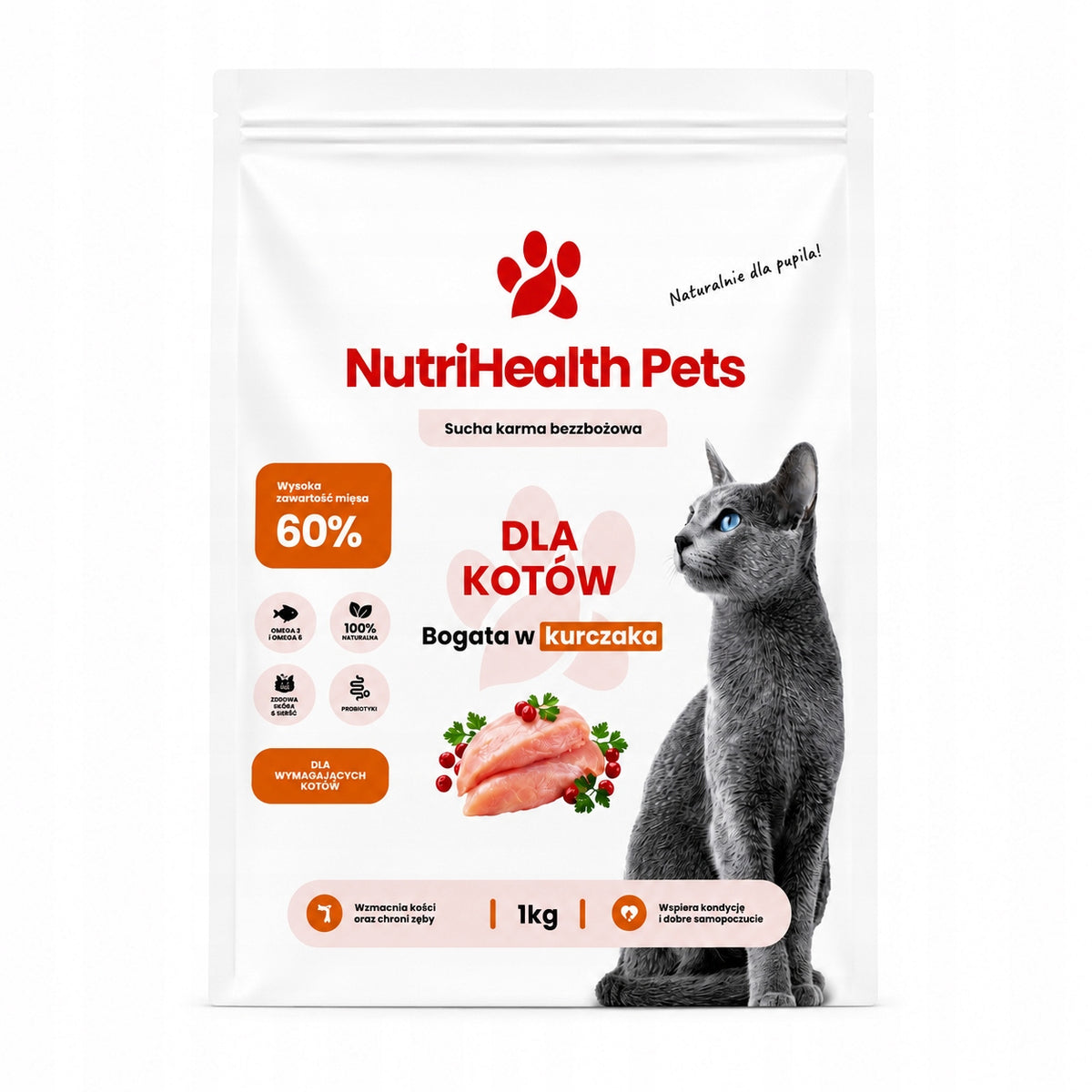 DRY CAT FOOD CHICKEN 1KG FOR PICKY CATS 60% MEAT
