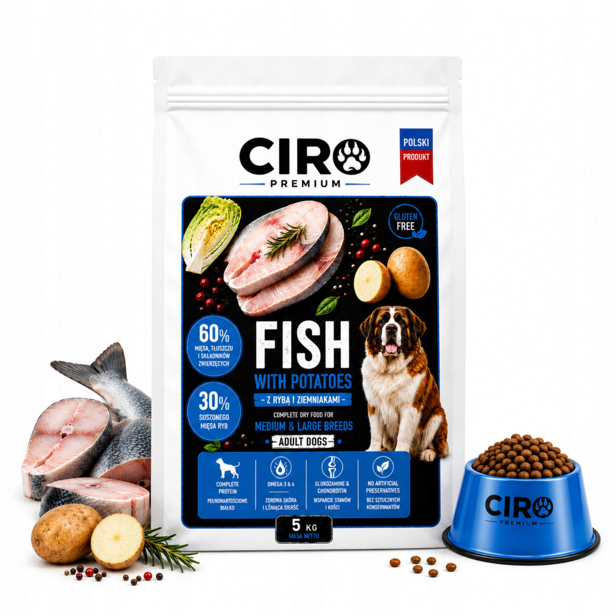 DRY DOG FOOD FISH VEGETABLES 5KG without chicken for active dogs CIRO