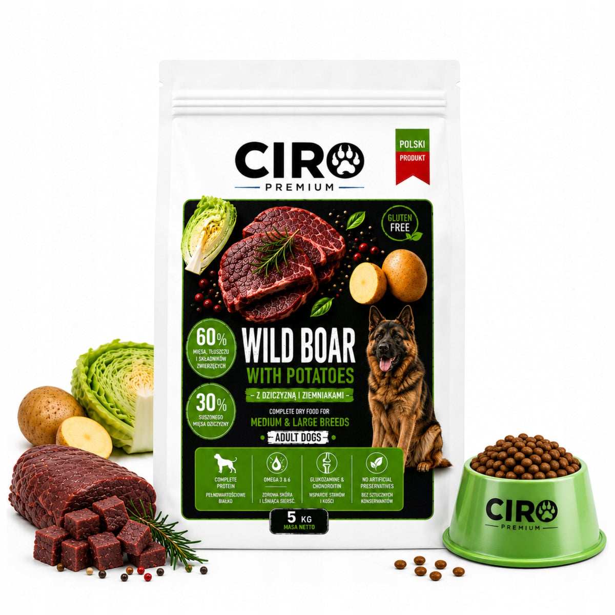 DRY DOG FOOD GAME POTATOES VEGETABLES 5KG without chicken ADULT CIRO