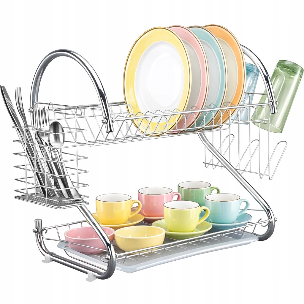 DRYER DISH DRAINER LARGE STANDING TWO-TIER SINK TRAY SILVER