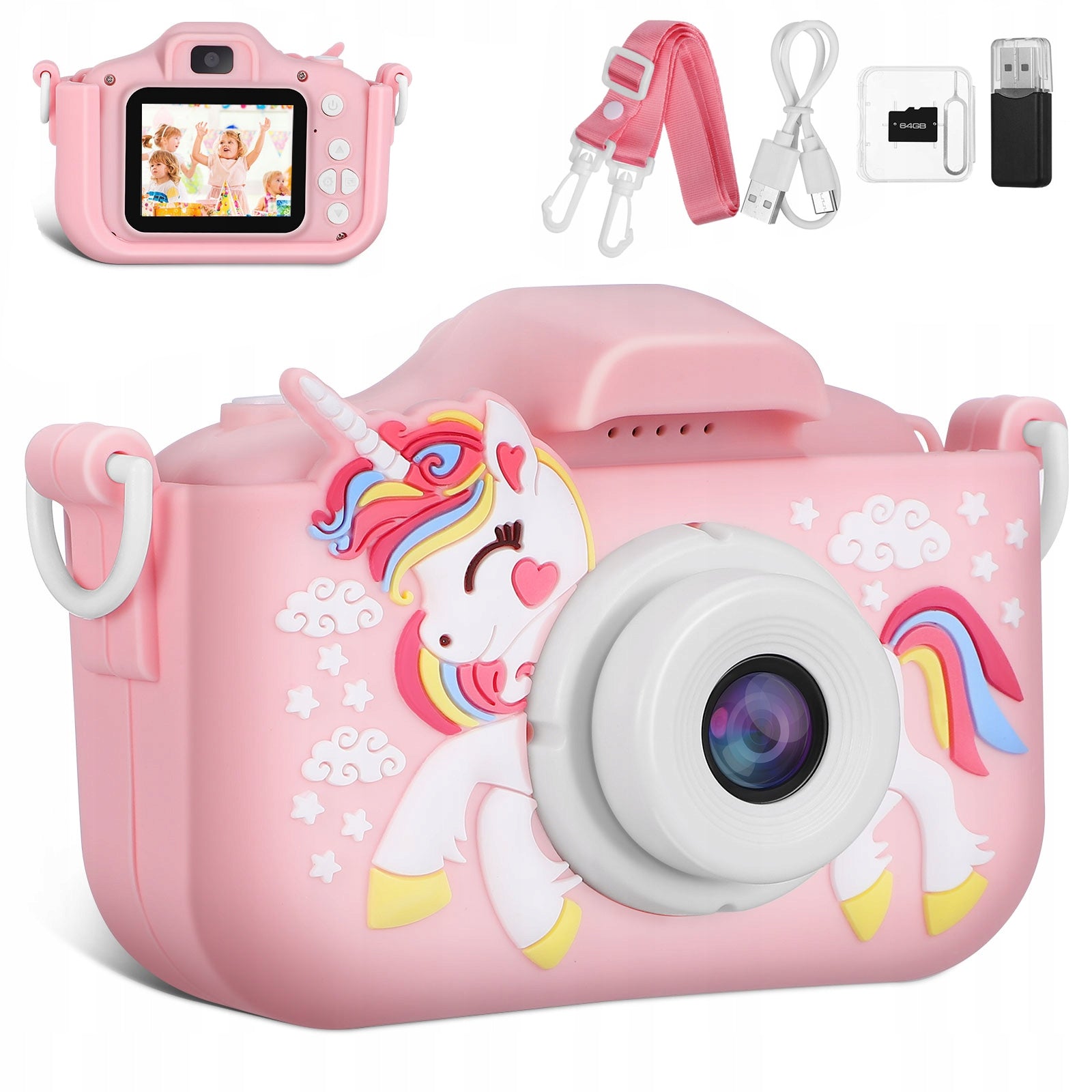 DUAL DIGITAL CAMERA FOR KIDS WITH UNICORN FULL HD + 64GB CARD