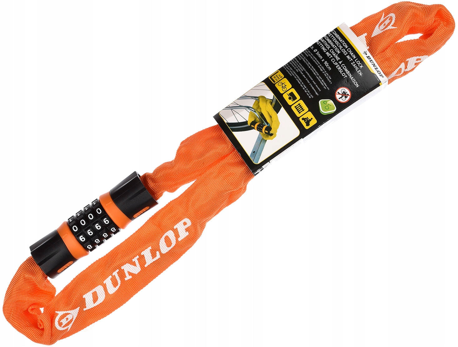 DUNLOP BICYCLE CLASP COMBINATION LOCK CHAIN CORD 90CM ORANGE Model POMARAŃCZOWY