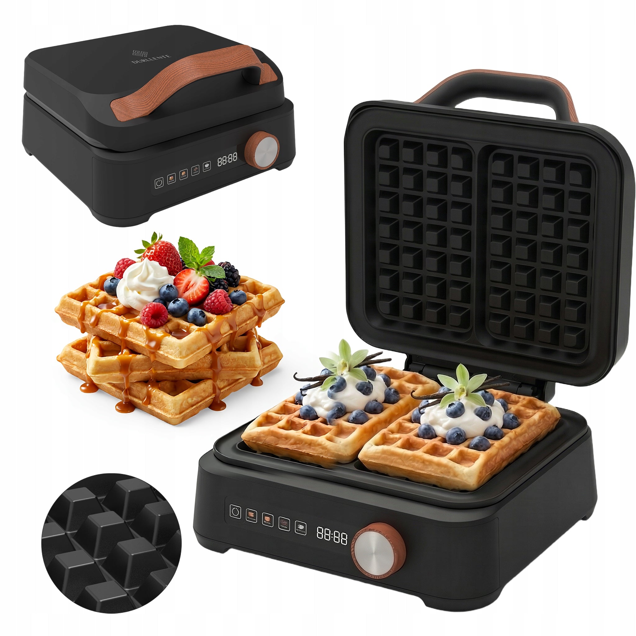 DURLLENTE WAFFLE MAKER 2 LARGE WAFFLES 4 PROGRAMS STRONG TOUCH PANEL COATING