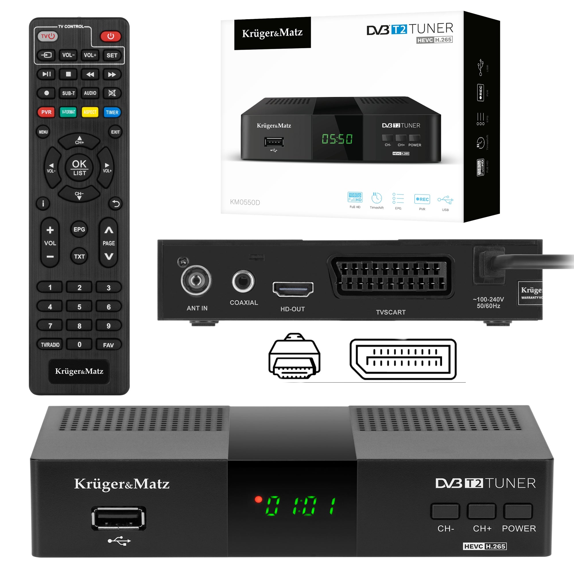 DVB-T2 H.265 HEVC Kruger&Matz HDMI SCART PVR EPG USB decoder