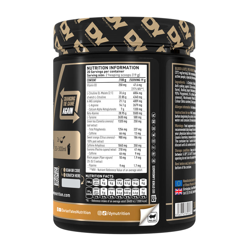 DY Dorian Yates BLOOD & GUTS 380g Stimulation Pump Strength Mango Strength Expiration date not specified