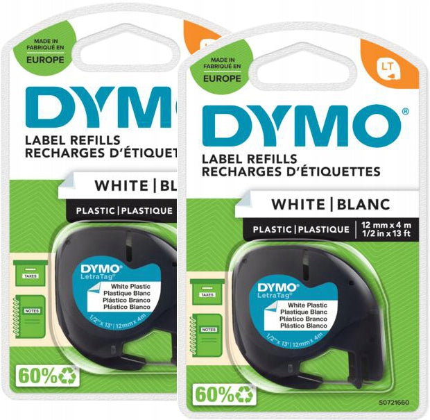 DYMO LT LetraTag plastic 12mm 4m white x2
