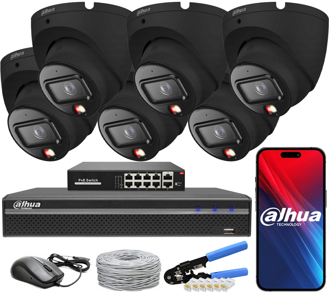 Dahua 6 Cameras 6Mpx IPC-HDW1639T-A-IL-0280B-S6 BLACK PoE