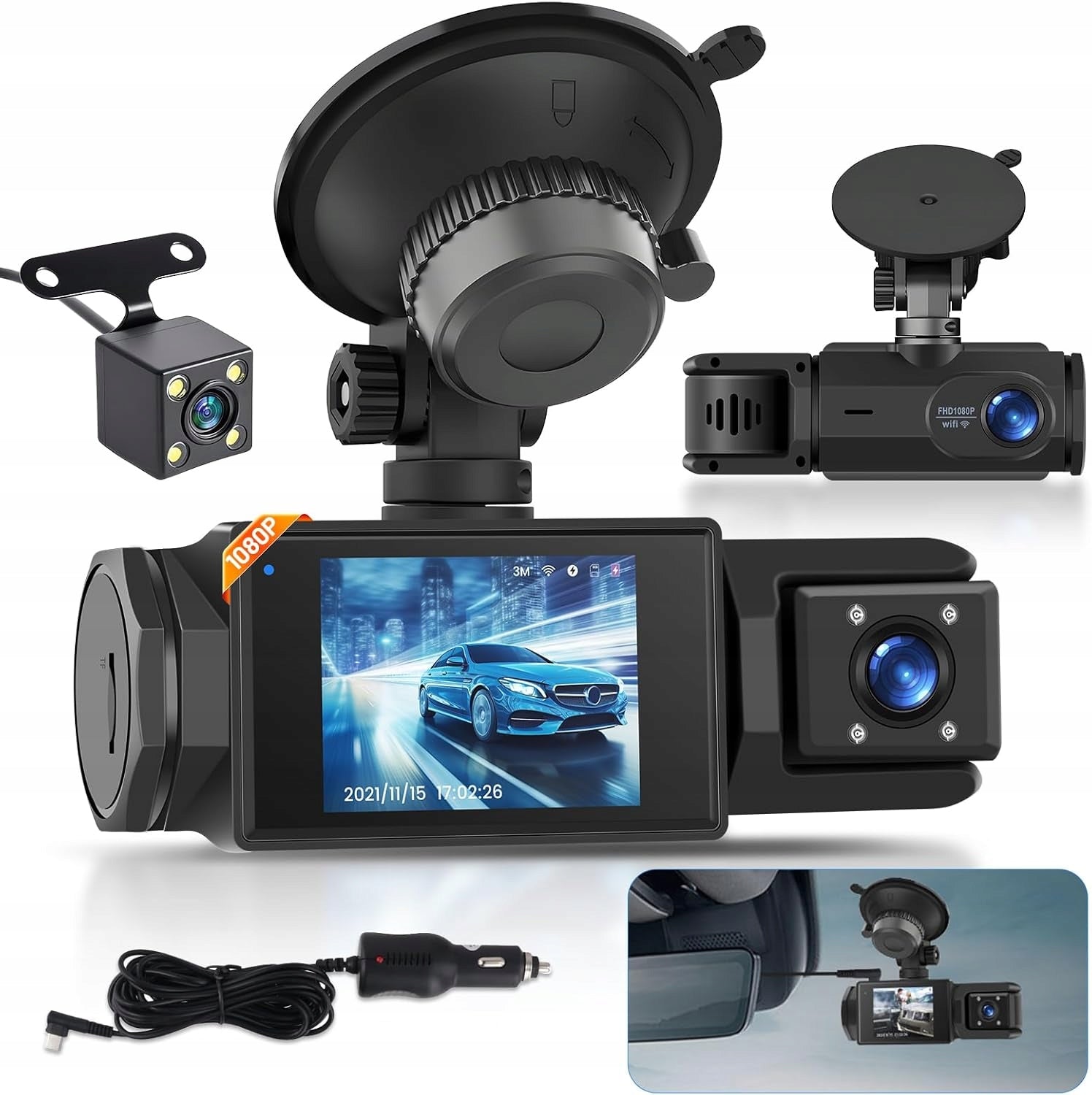 Dash Cam 3 Cameras 1080P WiFi Camera Rear Video Recording Full HD