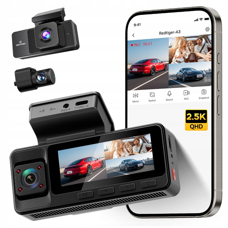 Dash Cam 3-Channel REDTIGER A3 2.5K Front + Rear WiFi 24H Parking
