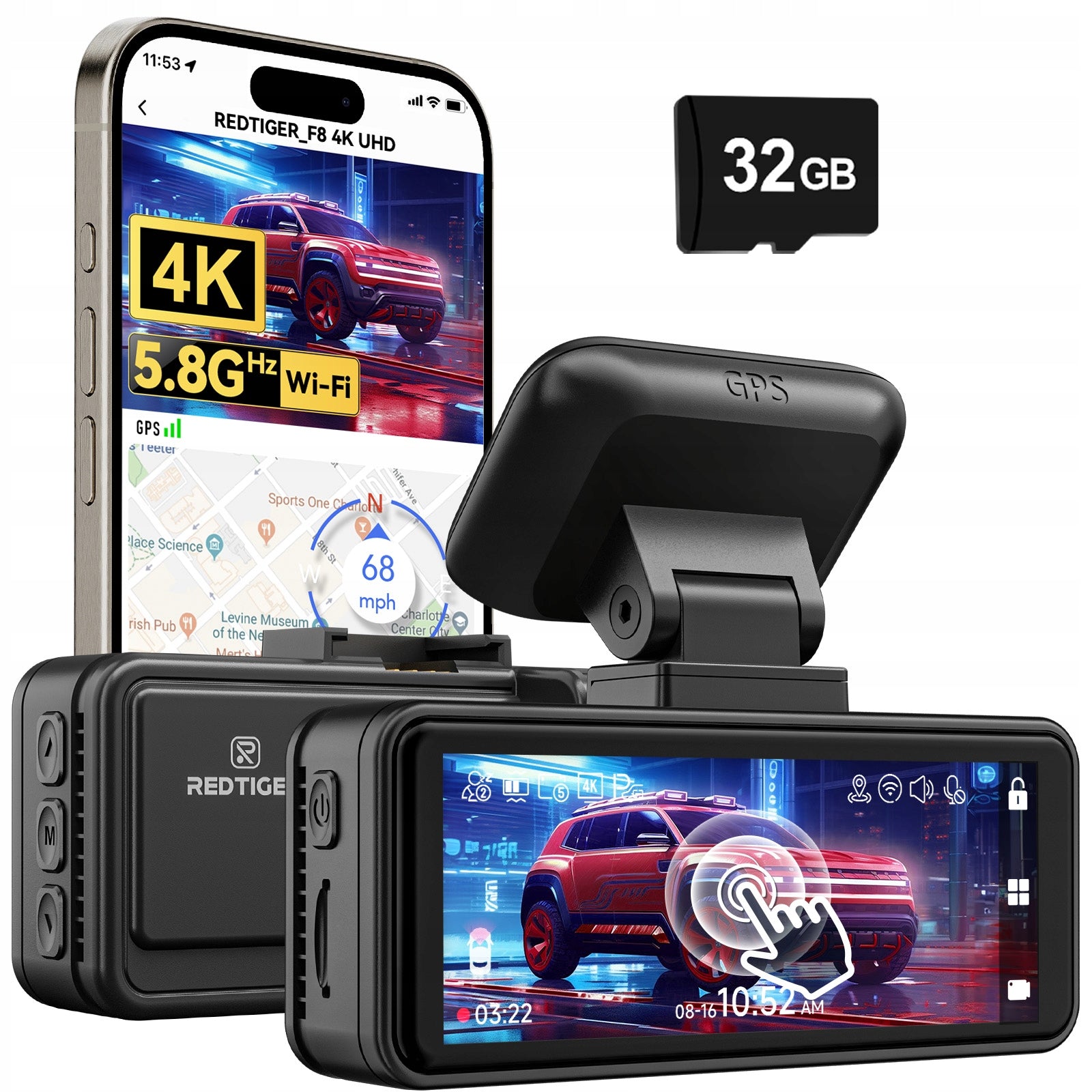 Dash Cam 4K REDTIGER F8 Front, 3.18'' Touch, Night Vision, GPS, WiFi
