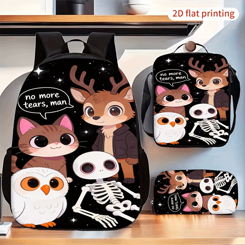 Deer Cat Owl Skeleton Pattern 3pc Backpack Set with Crossbody Bag and Pencil Case