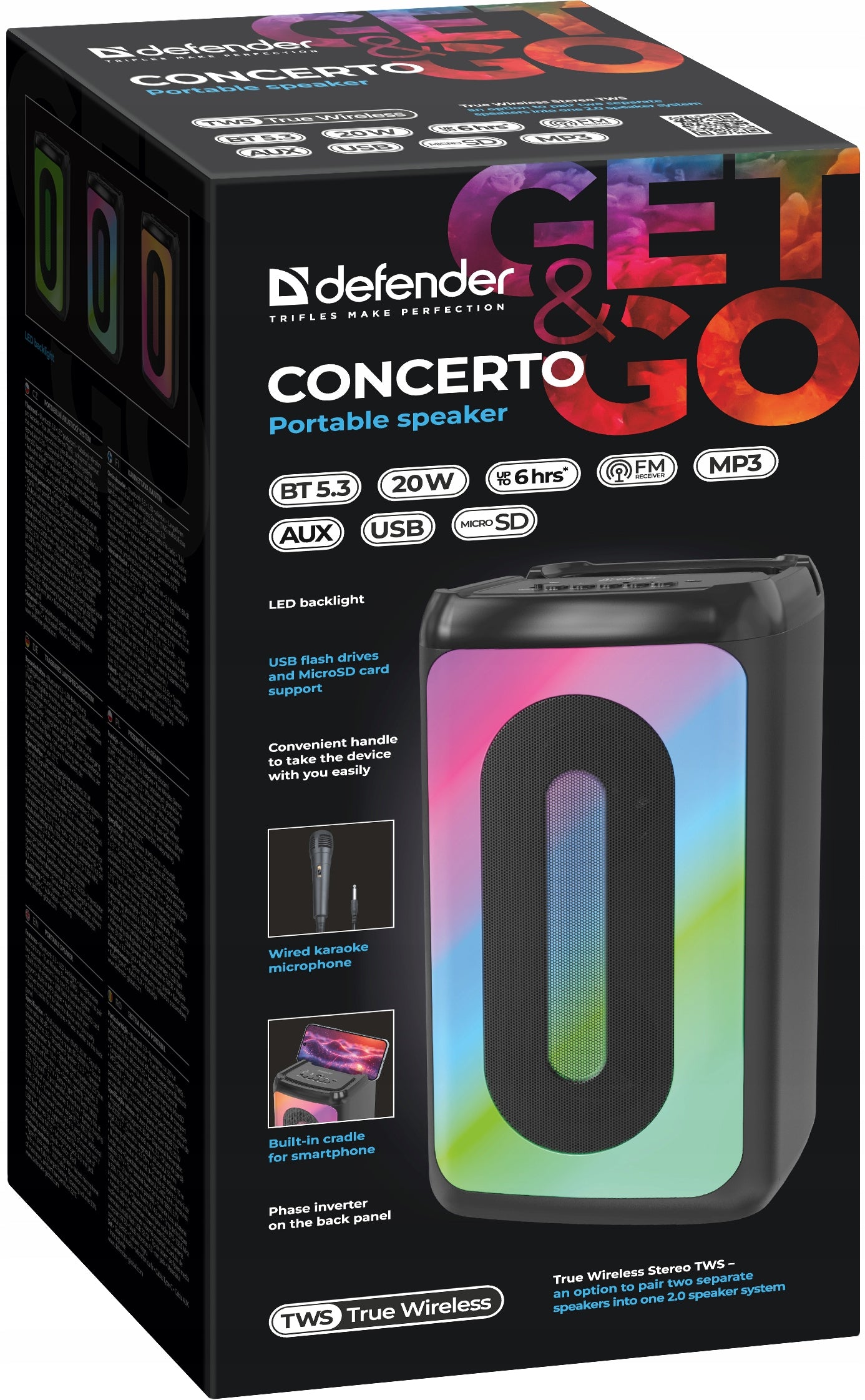 Defender CONCERTO Bluetooth 20W MP3/FM/SD/USB/AUX/TWS/LED/MIC speaker Brand Defender