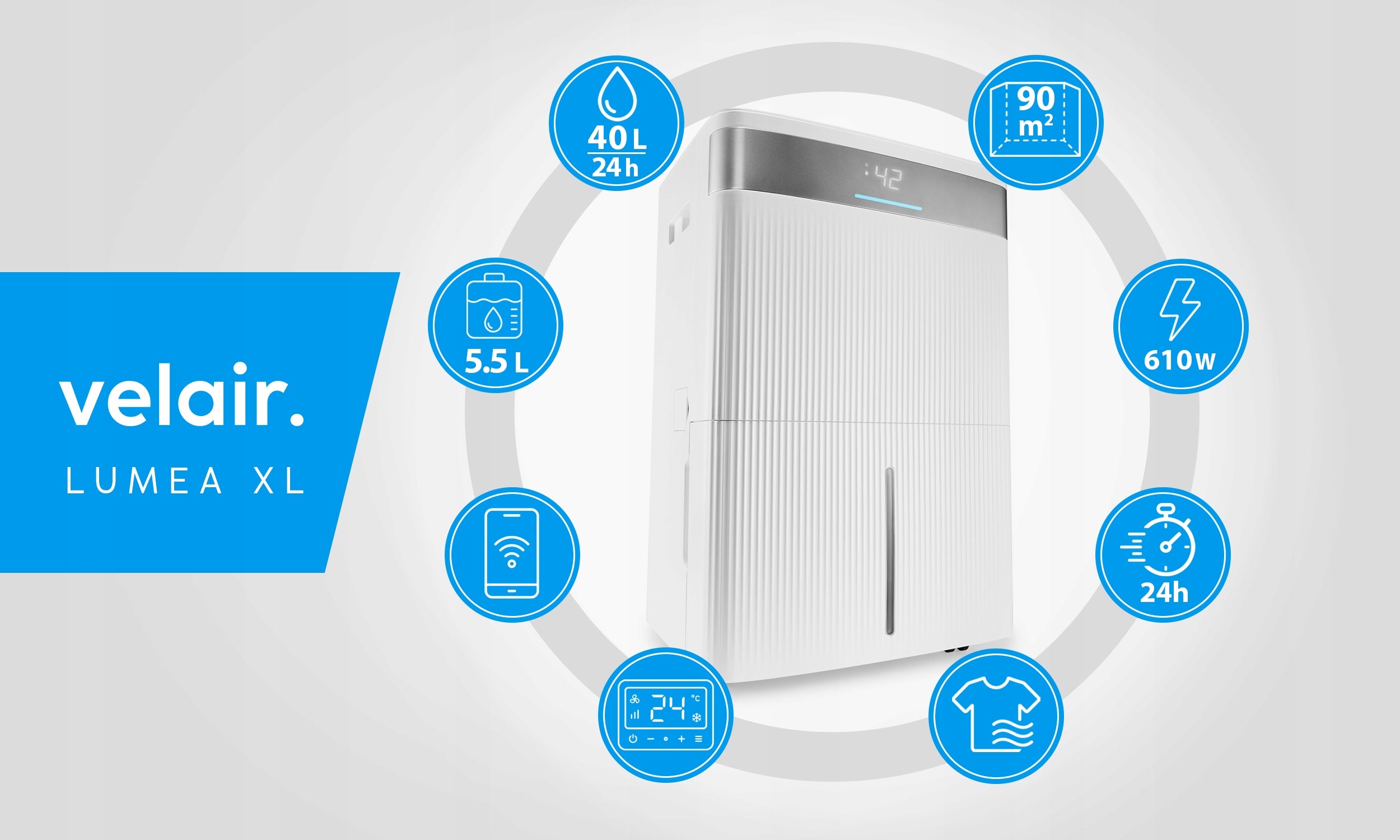 Dehumidifier 40L/24h VELAIR LUMEA XL WiFi | POWERFUL home absorber Packaging status original
