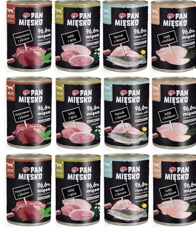 Delicate Wet Cat Food MIX 4 FLAVORS 12x400g Pan Mięsko