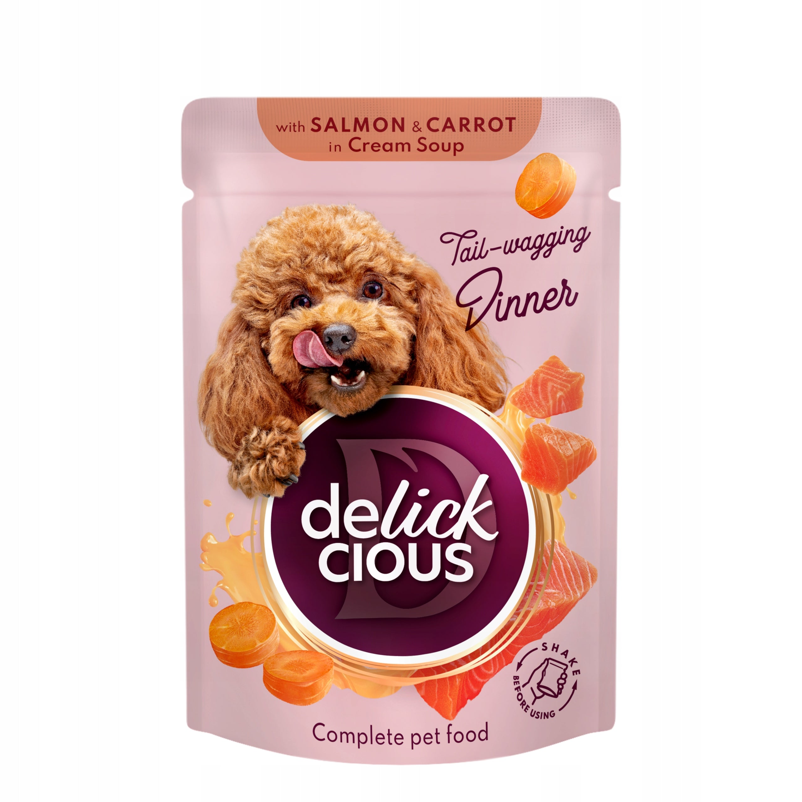 Delickcious Wet Dog Food Salmon and Carrot in Cream Soup 12x85g Packaging status original