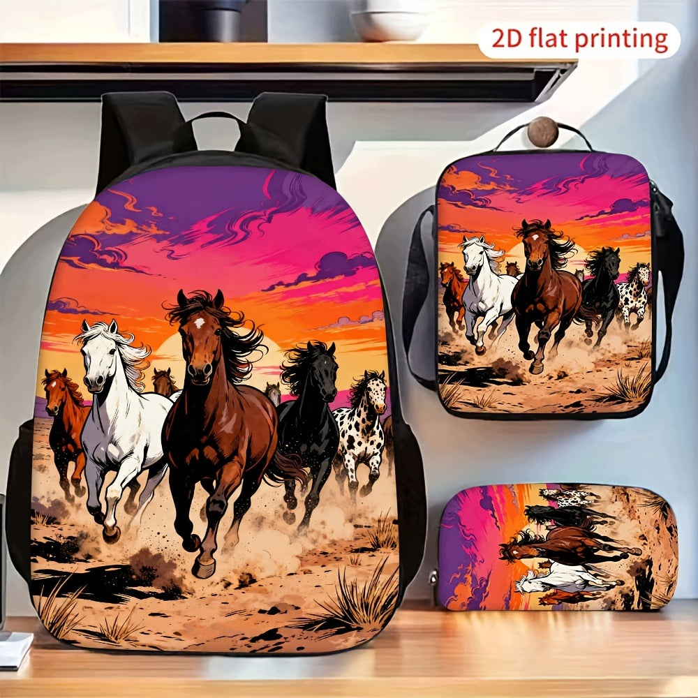 Desert Horse Print Backpack Wild Horses Sunset Adjustable Straps