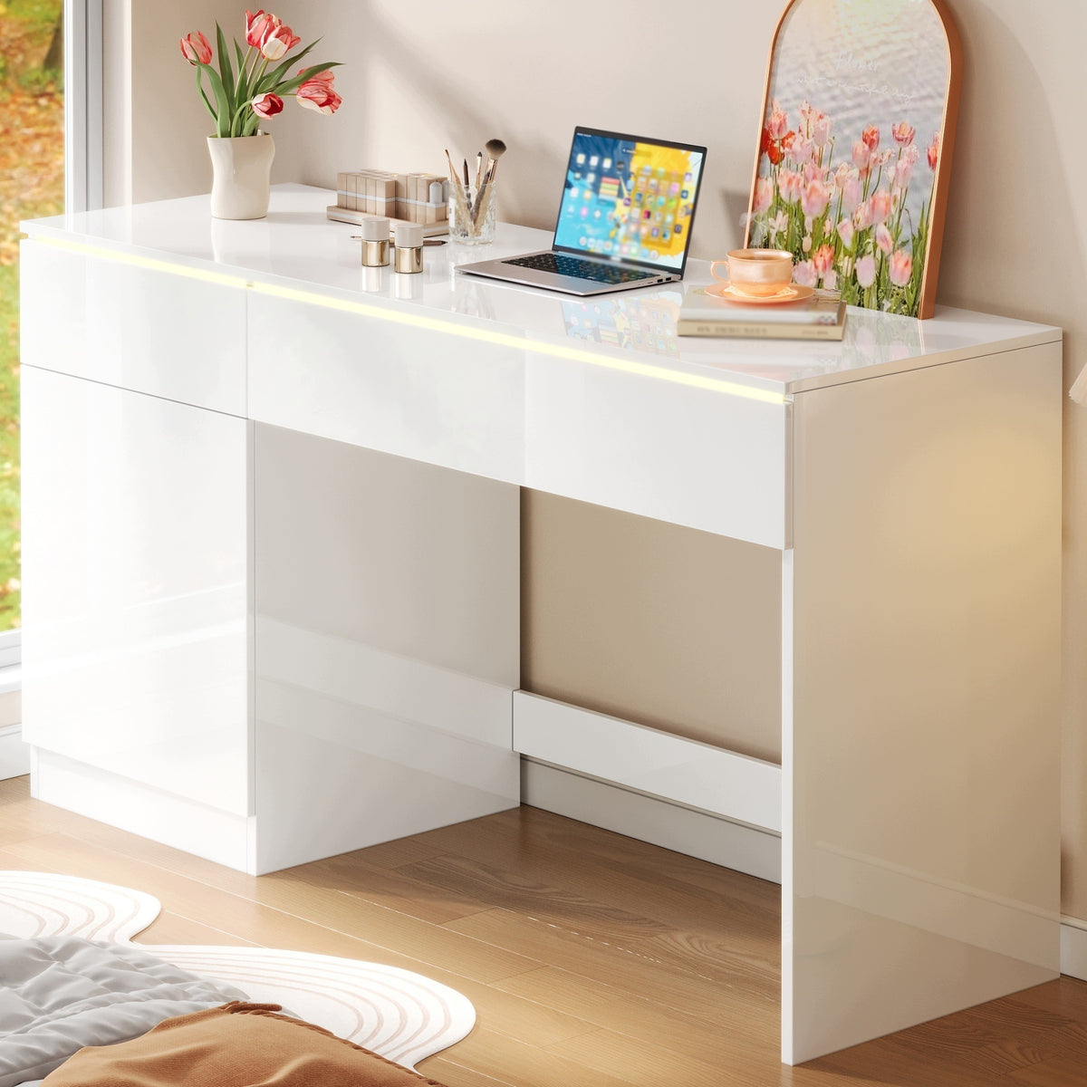 Desk 120 x 50 cm, gloss, with LED lighting and 2 drawers, dressing table Manufacturer code 8008918036700