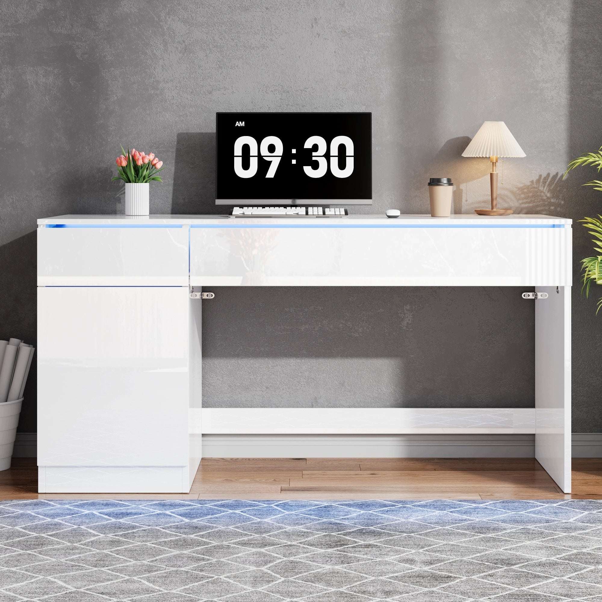 Desk 120 x 50 cm, gloss, with LED lighting and 2 drawers, dressing table Packaging status original