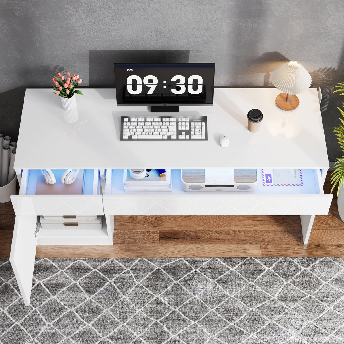 Desk 120 x 50 cm, gloss, with LED lighting and 2 drawers, dressing table