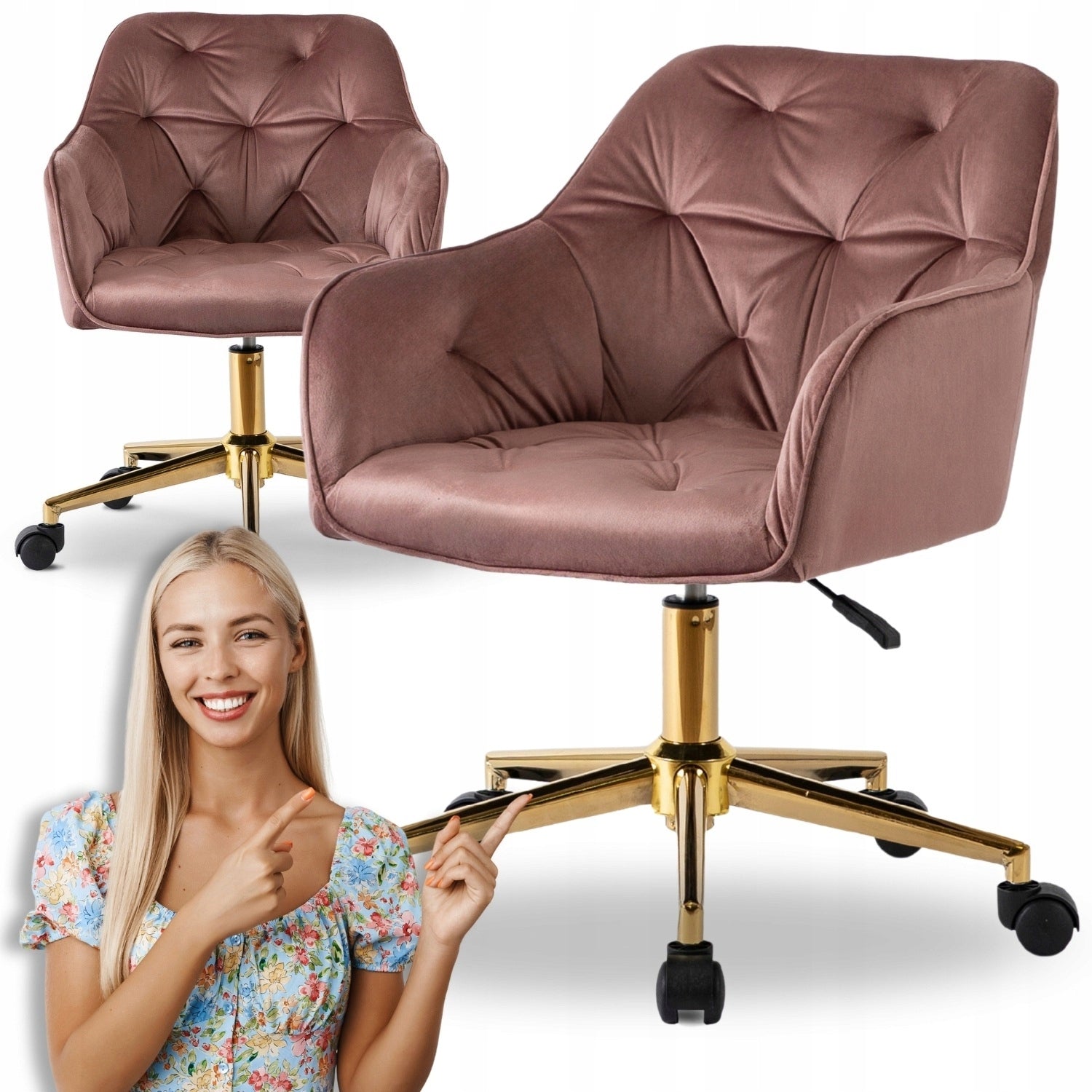 Desk Chair Swivel Velour Office Dressing Table Chair Pink KONOR