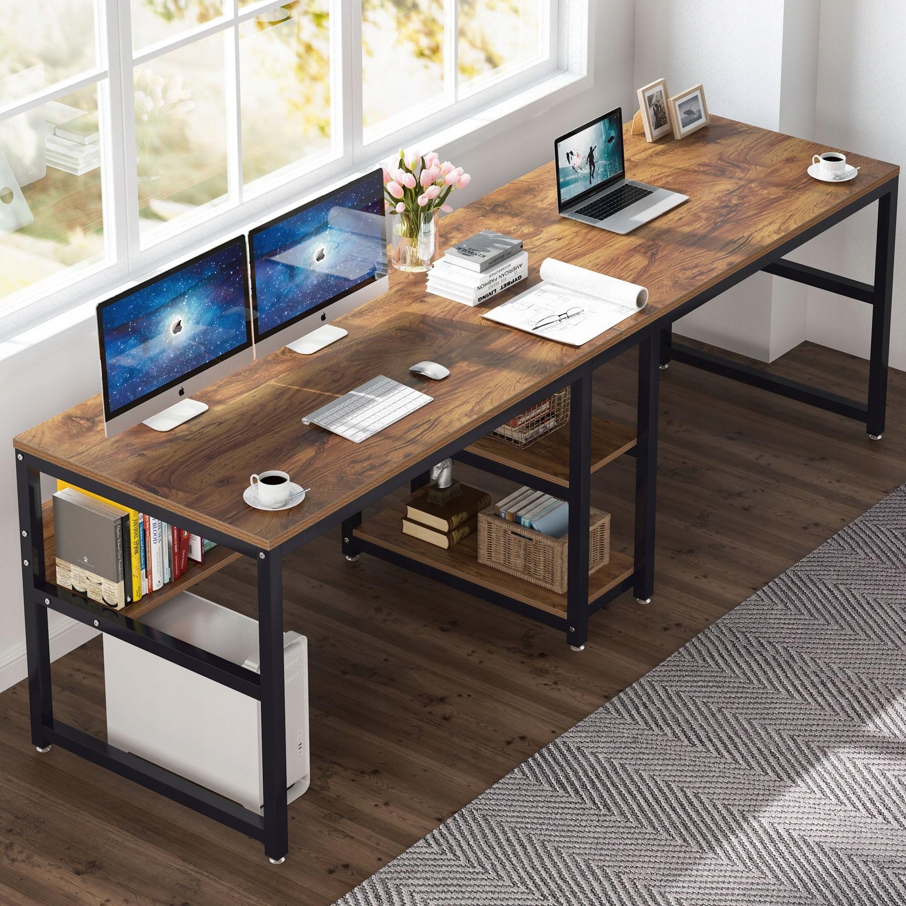 Desk Double Rustic 200cm Wooden Brown/Black - With Bookcases Manufacturer code C0162