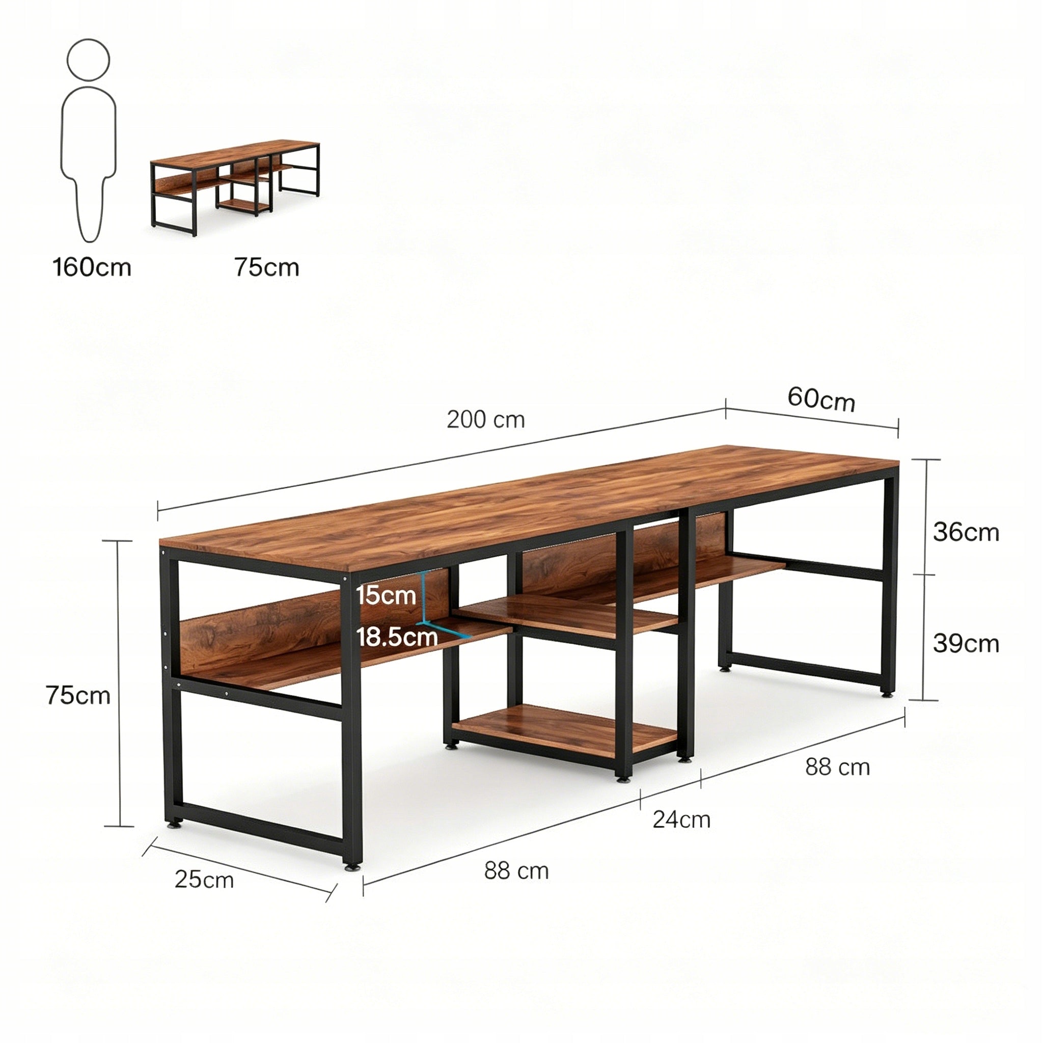 Desk Double Rustic 200cm Wooden Brown/Black - With Bookcases Packaging status original