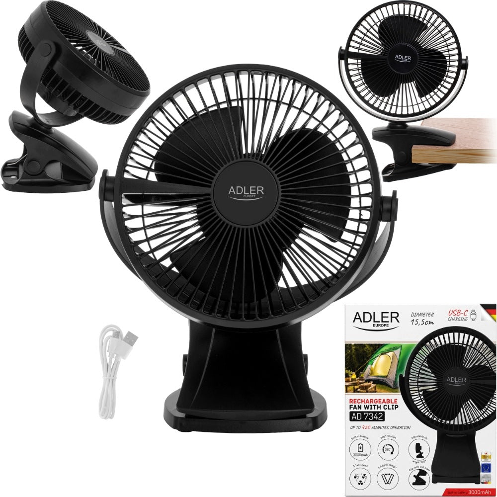 Desk Fan Adler Ad 7342 Cordless With Clip Usb-C Black