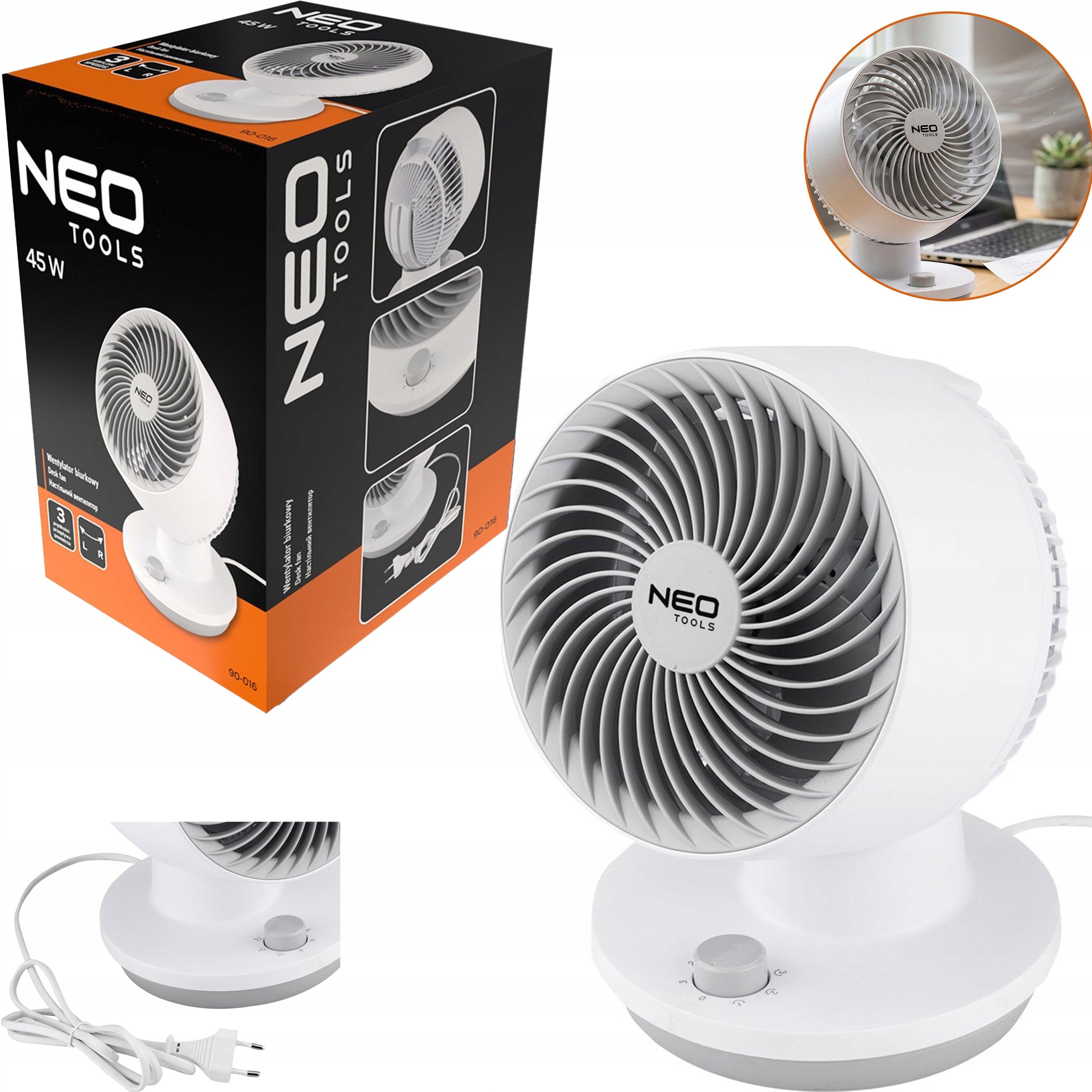 Desk Fan NEO TOOLS 90-016 White 45 W 3 Speeds For Home Office Packaging status original