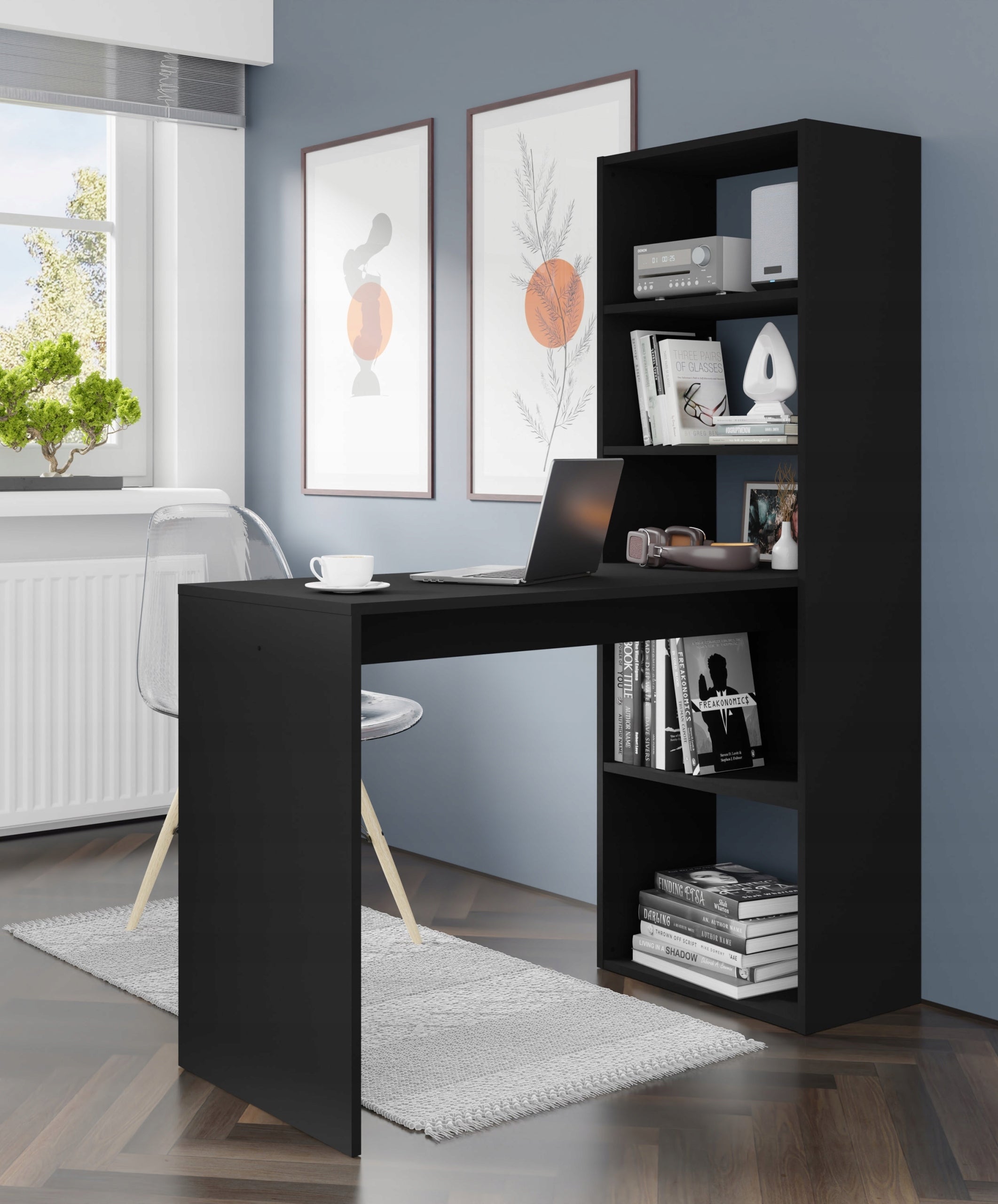 Desk HARMONY 150x50x120 computer with bookcase shelves BLACK MAT EAN (GTIN) 5903769745951