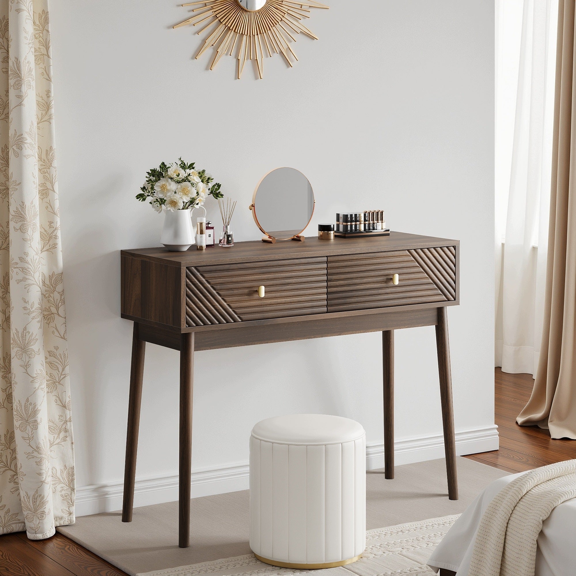 Desk, antique reception with open shelves, coffee table, walnut