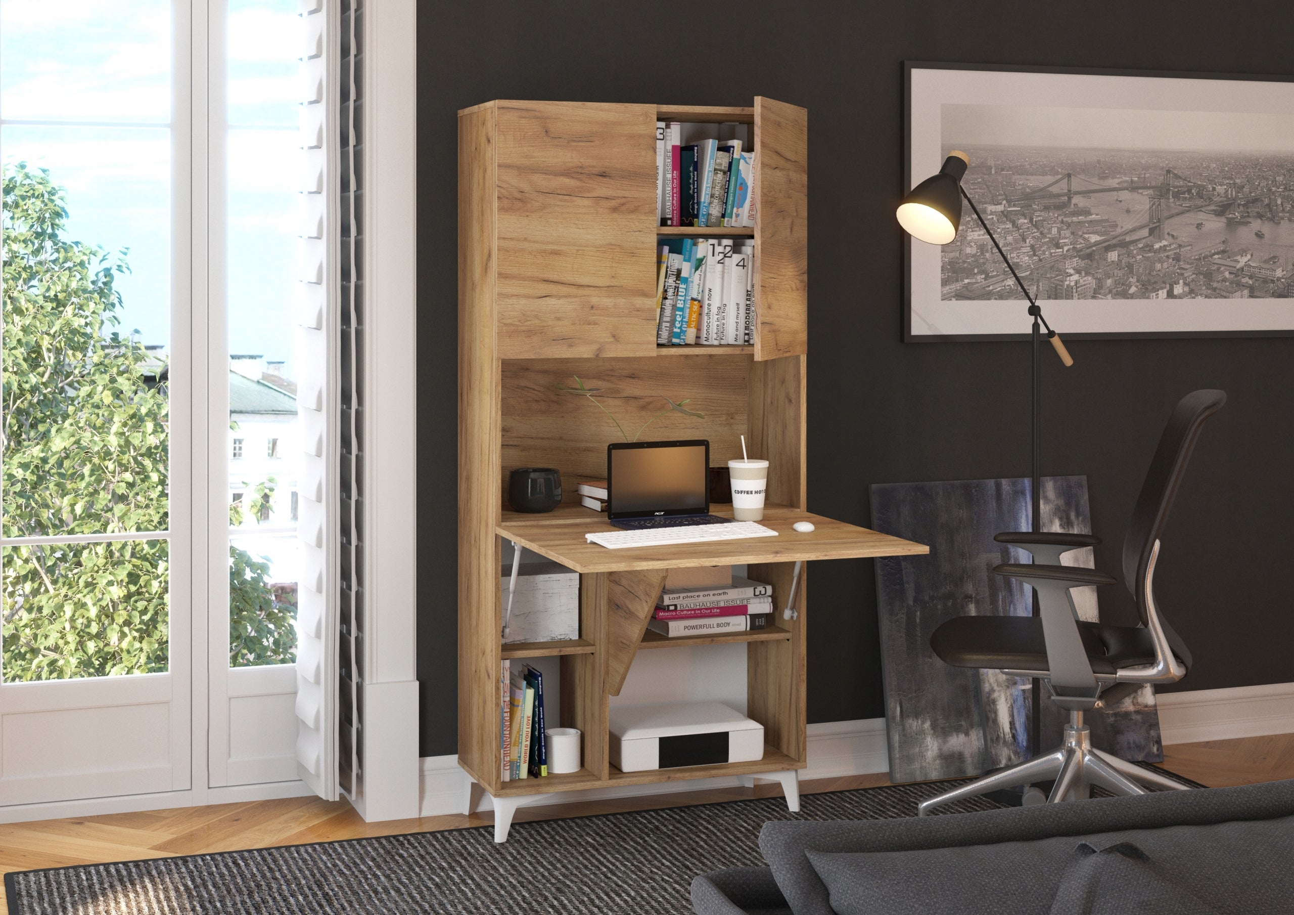 Desk fold-out bookcase MEGAN 1 craft gold + Desk chair VIRE black EAN (GTIN) 5903769750528